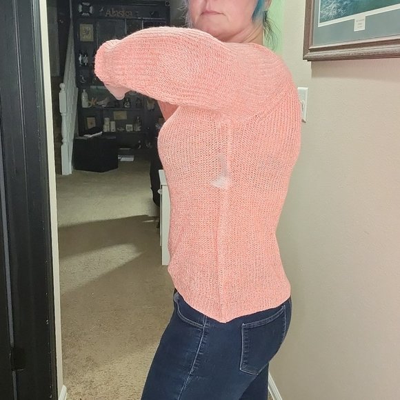 Love More Peach Orange Sweater with Shoulder Cut Outs Size Medium - Picture 2 of 8